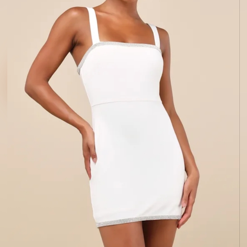 Lulus Glowing Allure White Rhinestone Sleeveless Bodycon Mini Dress, Size Small